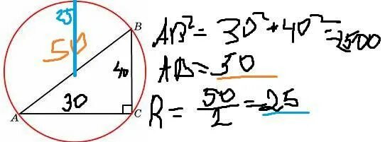 Дано а равно 30. Катеты равны 30 и 40.
