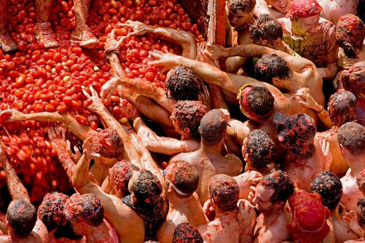 Битва томатов (la Tomatina) - Испания. Битва томатами - фестиваль la Tomatina. Праздник la Tomatina в Испании. Фестиваль томатов ла Томатина в Испании. Кидает помидор