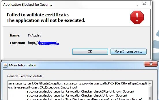 Certificate validation failure. Java failed to validate Certificate the application will not be executed. Validation failed. Validation java. Error validation failed