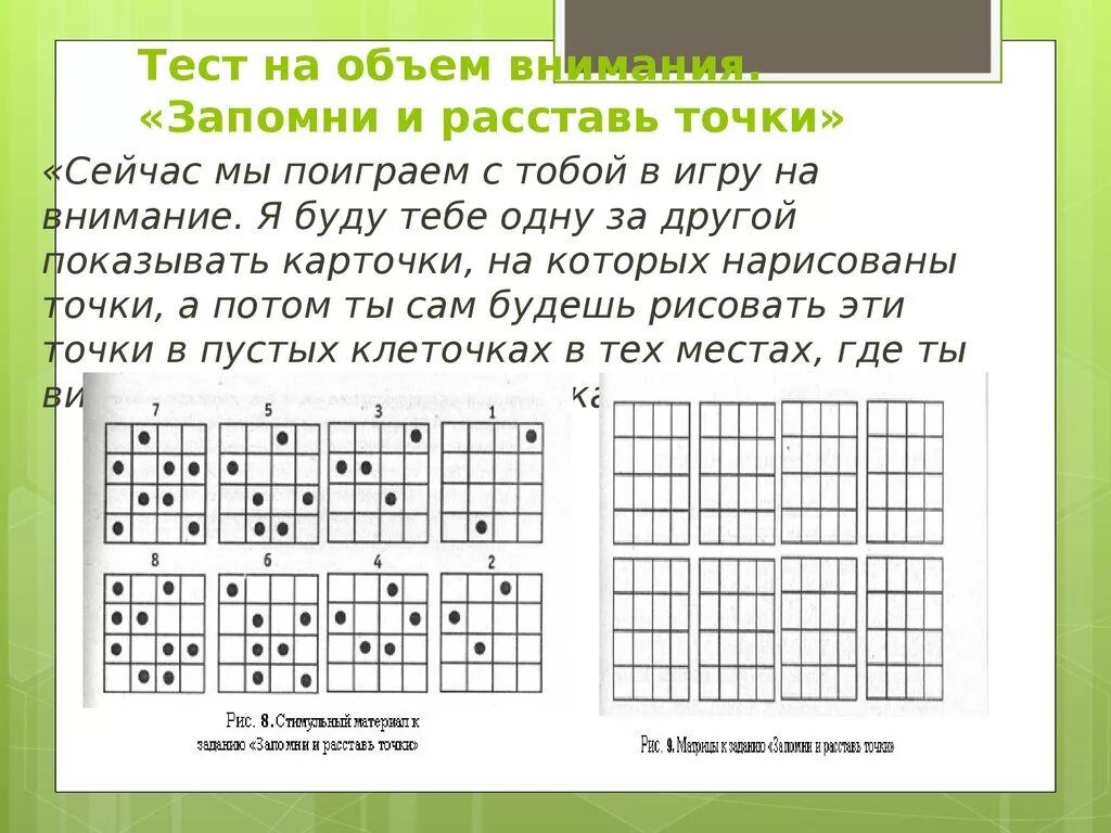 Упражнения на развитие внимания расставь точки. Методика изучения объема внимания. Методика точки на внимание. Методика запомни и расставь точки. Уровни объема внимания