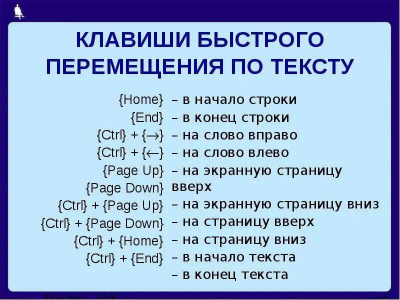 Сочетание клавиш. Быстрые клавиши. Клавиши перемещения по тексту. Основные сочетания клавиш.