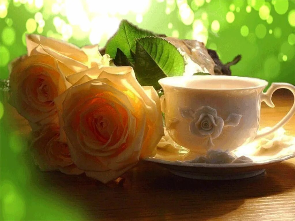 Цветы утром гифы. Чайные розы и чашка кофе. Доброе утро розы и кофе. Чай утром. Чашка чая и цветы.