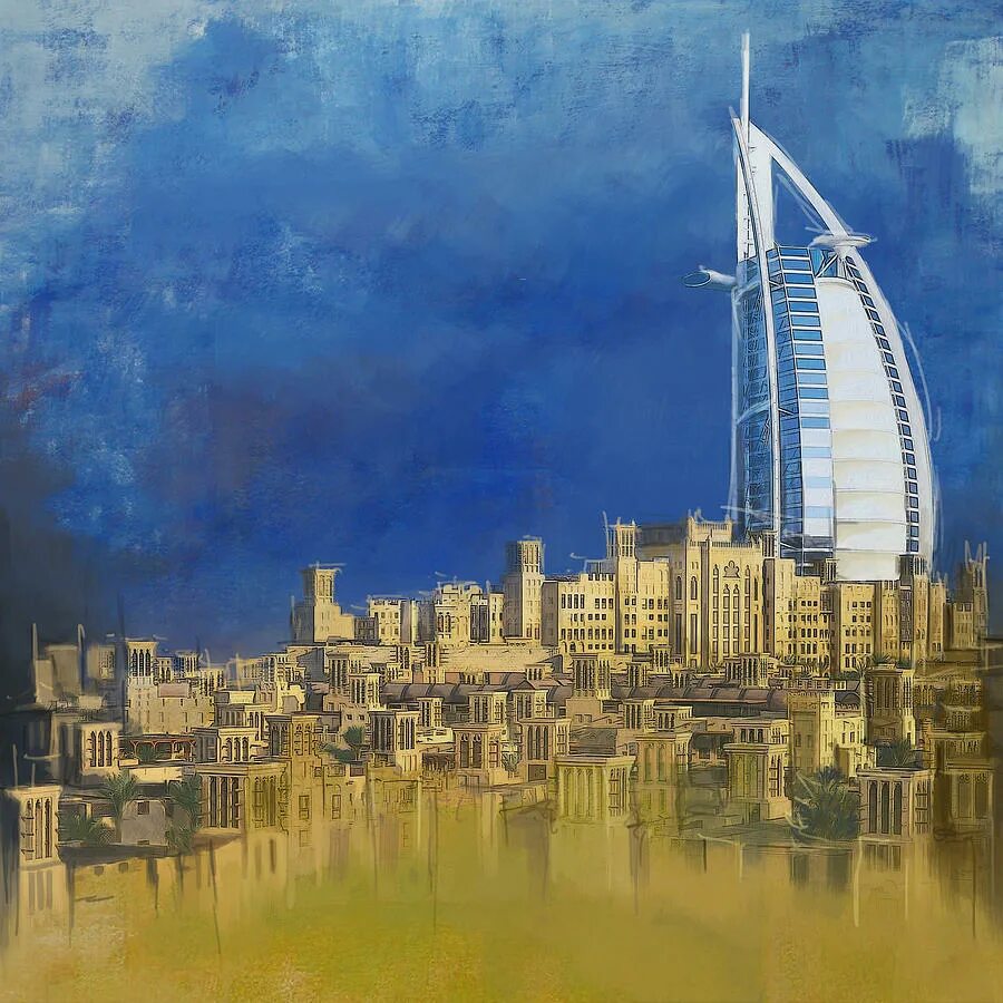 картина дубай. визитная карточка дубая. город неон саудовская аравия. небоскребы дубая. дубай арт.