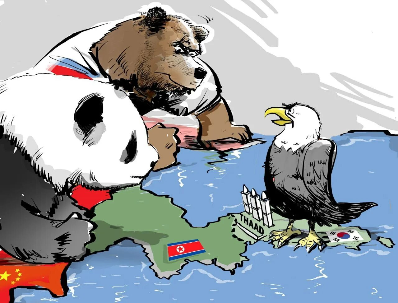 Россия и Китай карикатура. Россия и Китай против США. Карикатуры США против Китай и России. Панда и медведь Россия и Китай.