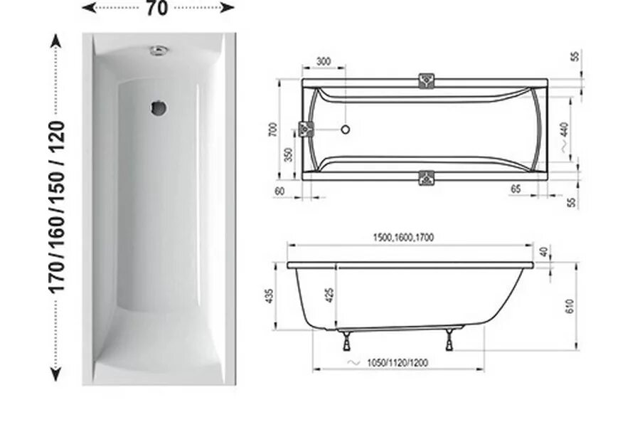 Ванна сколько сантиметров. Акриловая ванна Eurolux Афина 150x70. Ванна акриловая 170х70 высота. Габариты ванны 1700 акрил.