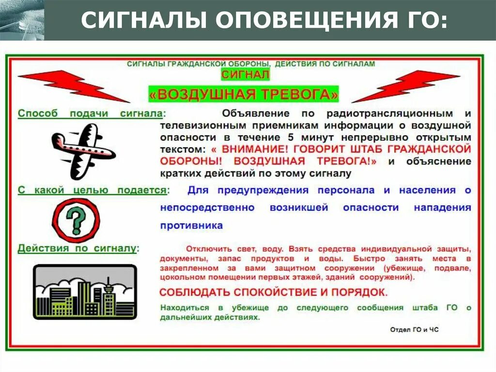 Сигналы оповещения гражданской обороны сигналы го. Сигналы гражданской обороны и порядок действия по ним таблица. Действия по сигналам оповещения. Действия по сигналам гражданской обороны. Какой подается сигнал общей тревоги