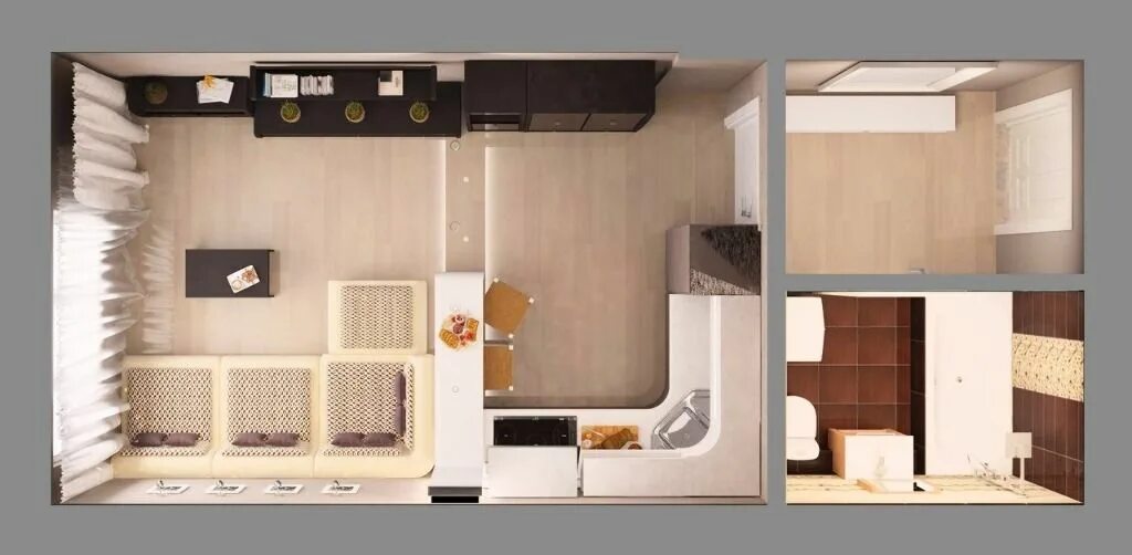 Маленькая квартира-студия. Дизайн интерьера. Distribucion de casas pequeñas, Cua