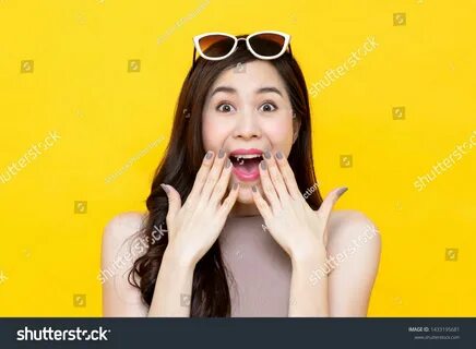 spon, #Asian# woman# Beautiful# Shocked Mouth Open, Yellow Background, Beau...