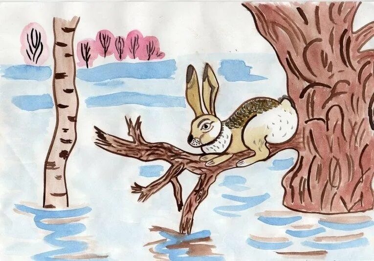 Заяц на дереве Бианки. Бианки про зайца. Бианки наводнение в лесу. Заяц в дереве. Заяц жил на островке вода в реке