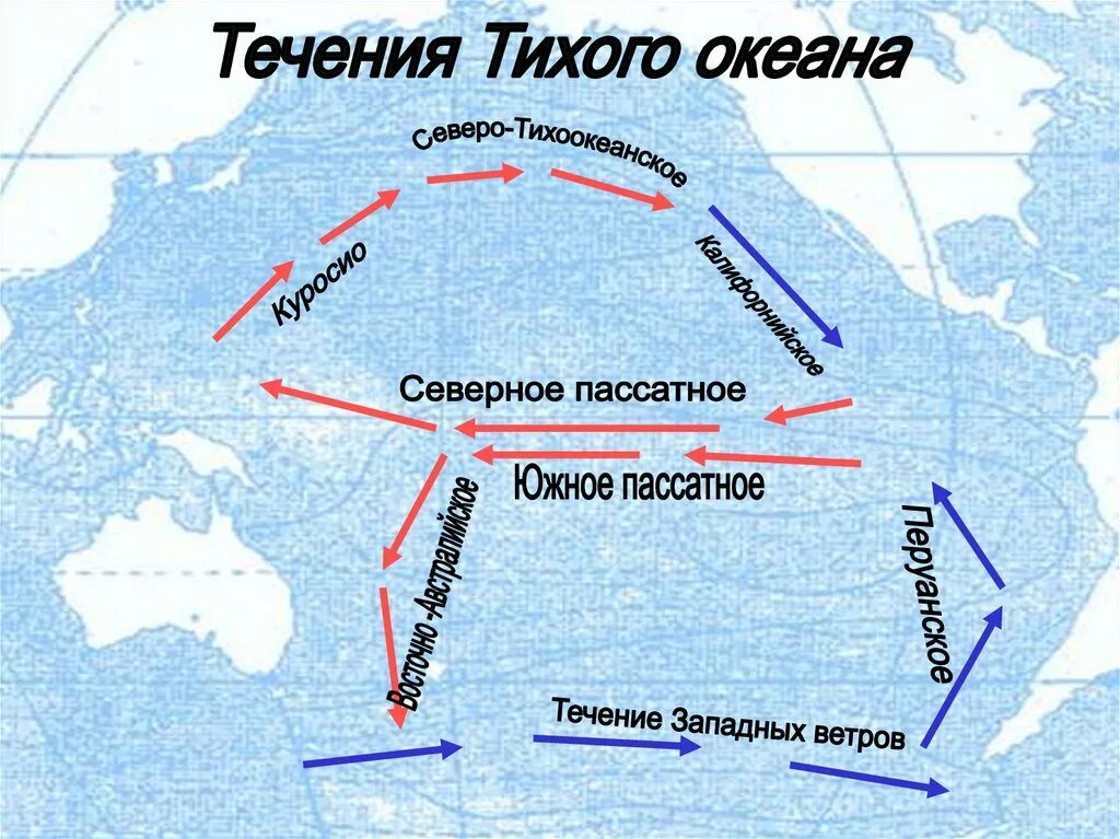 Южные течения тихого океана. Тёплые и холодные течения на карте мирового океана 6 класс. Северное пассатное течение на карте. Теплое и Холодное течение Тихого океана. Схема поверхностных течений мирового океана.