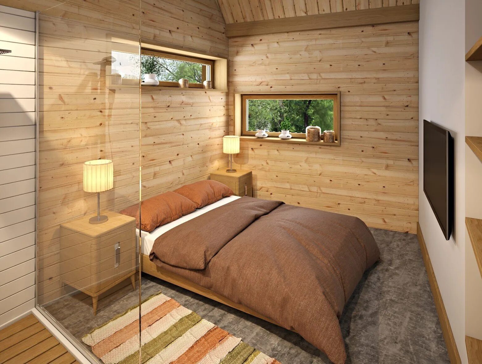 Дизайн комнат в деревянном доме. Имитация бруса (Вуд-Хаус) сосна. Имитация бруса для внутренней отделки. Имитация бруса в спальне.