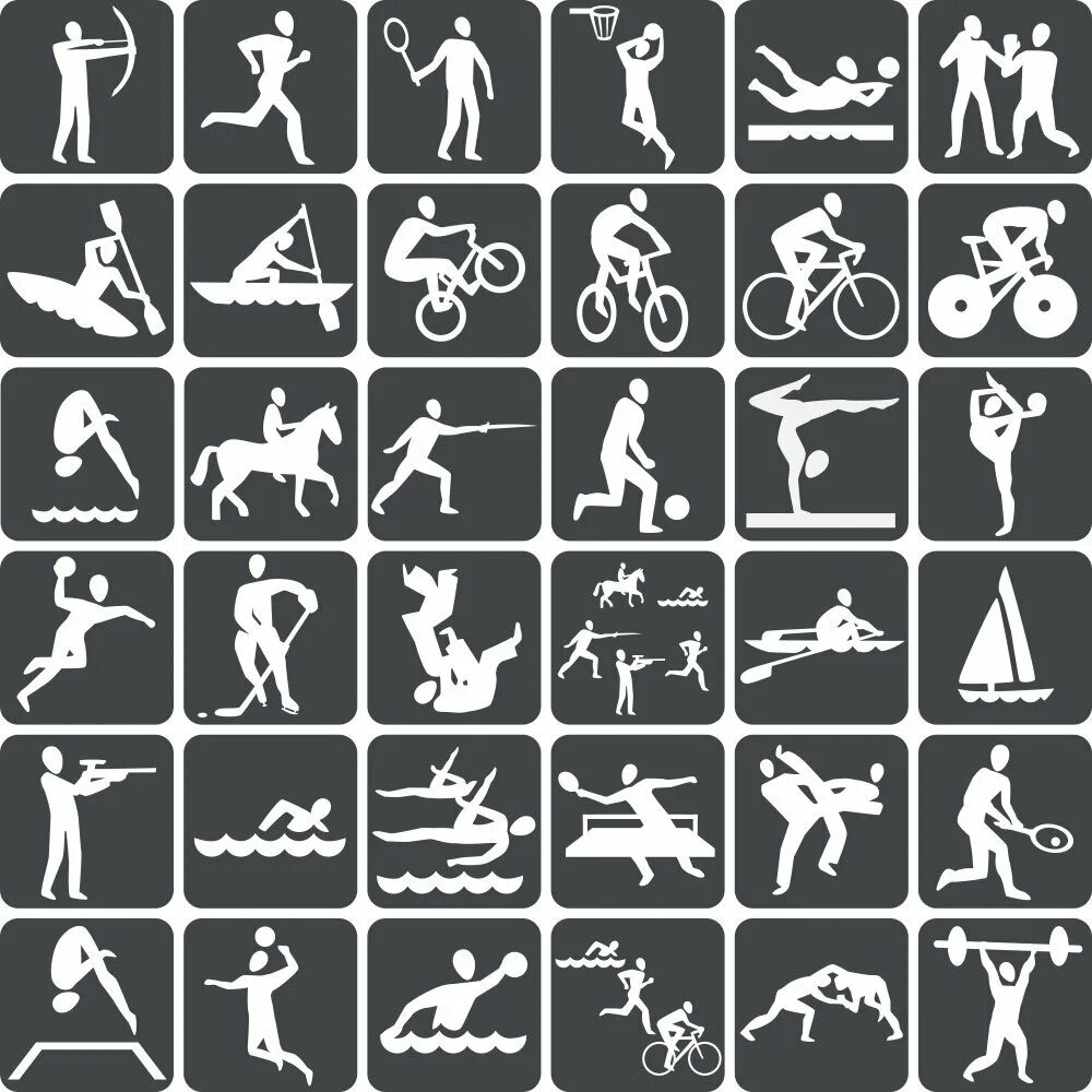 Виды спорта. Пиктограммы видов спорта. Эмблемы видов спорта. Схематическое изображение видов спорта.