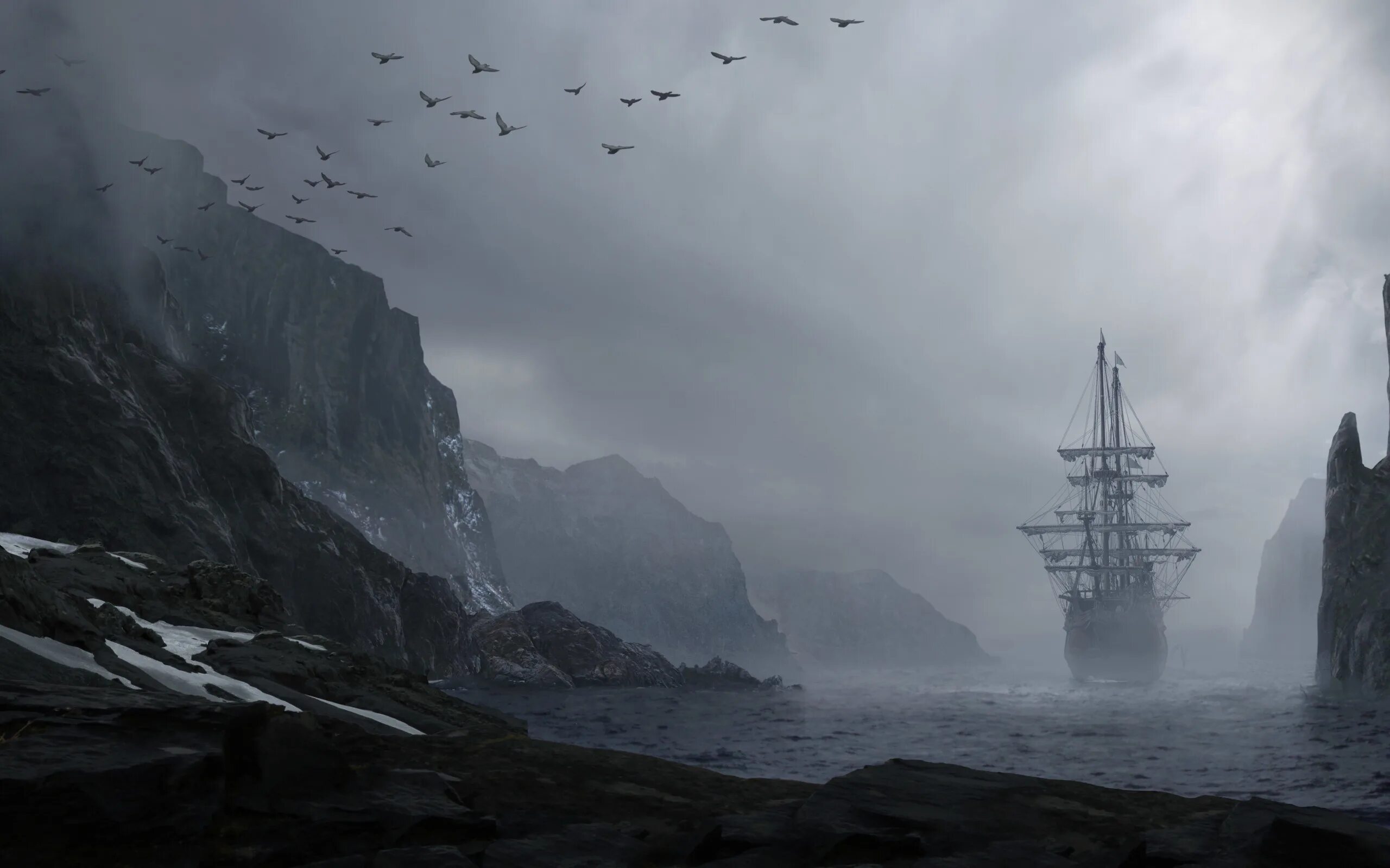 Корабль в океане одинокий. Парусник в тумане. Скалы корабли. Корабль в море. Мрачный корабль.