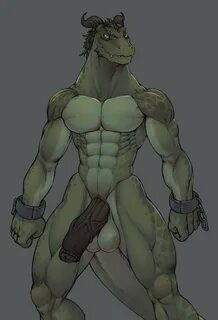 anthro, chains, fangs, green body, green scales, green skin, horn, humanoid...