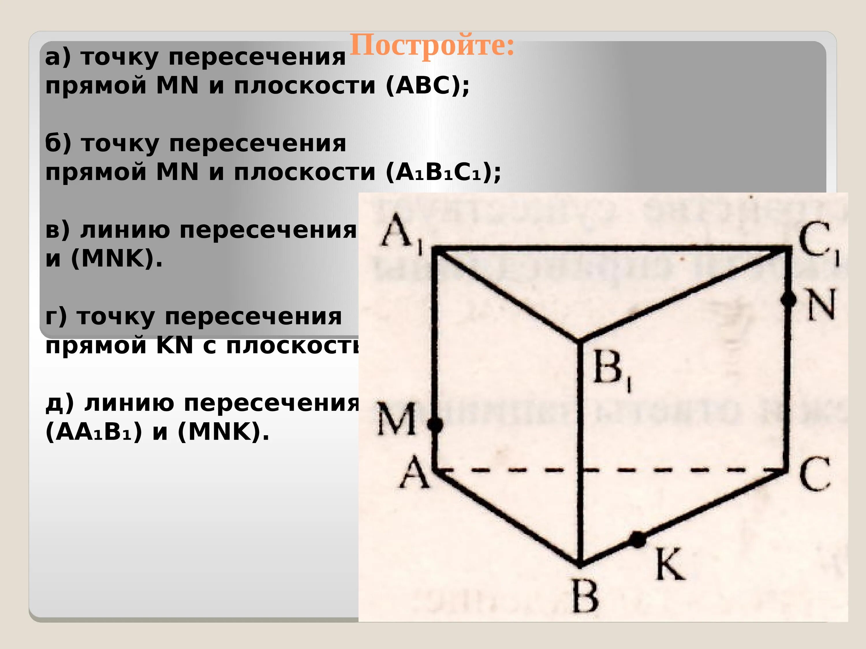 Построить b c. Точку пересечения прямой mn и плоскости авс. точка пересечения прямой с плоскостью abc. точка пересечения прямой mn в плоскости abc. построить точки пересечения прямой mn.