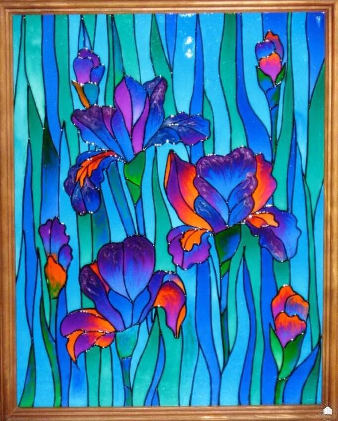 дпи холодный батик. цветы витражными красками. витраж ирисы маки 30х30. витраж цветы. витраж роспись по стеклу.