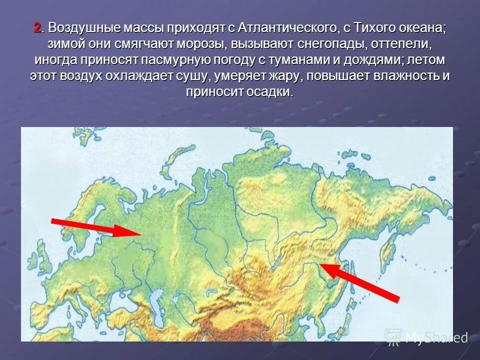 Какой океан не влияет на климат. Воздушные массы Атлантического океана. Влияние воздушных масс на климат России. Атлантические воздушные массы на территории России. Карта воздушных масс России.