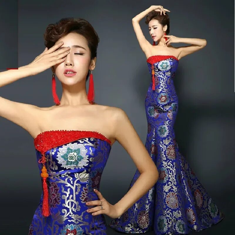 Будет китайско синий. Чонсам и ципао. Ципао длинное. Китайское платье. Платье в китайском стиле.
