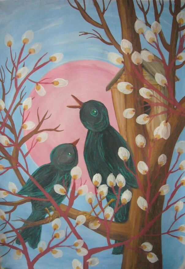 Праздник птиц изо 1. Весенняя картина для детей. Рисование весенних композиций.