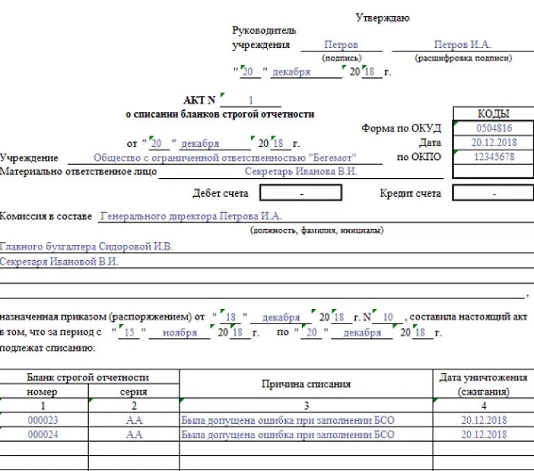 Списание билетов. Акт о списании бланков строгой отчетности заполненный образец. Акт о списании бланков документов строгой отчетности. Акт на списание БСО причина списания. Пример заполнения акта списания бланков строгой отчетности.