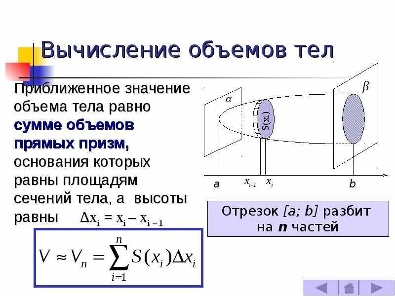 Как изменяется объем тела. Основная формула для вычисления объемов тел. вычисление объемов тел с помощью интеграла. вычисление объемов тел с помощью определенного интеграла. вычисление объёма тела по известным площадям параллельных сечений.