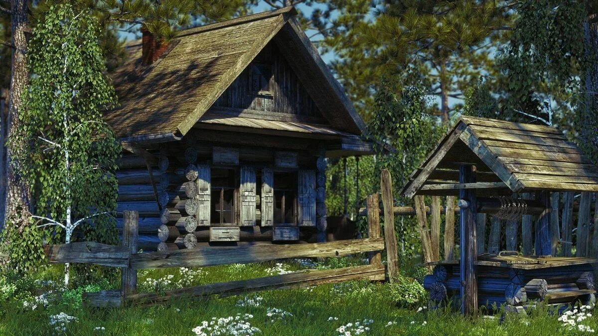 Лит изба. Деревенский домик. изба в деревне. деревня в лесу. старинная избушка.