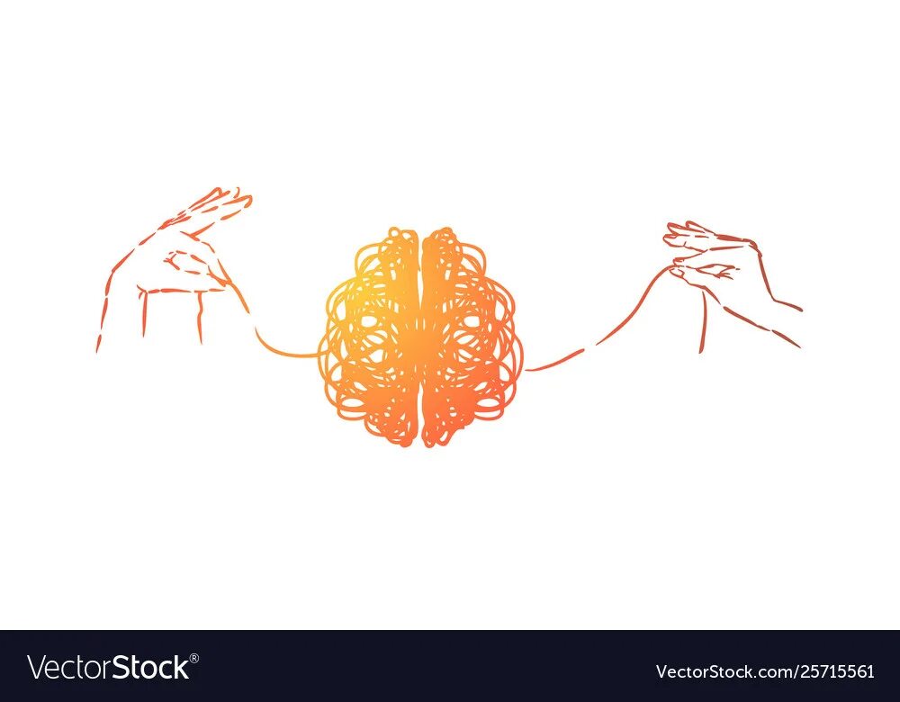 Клубок мыслей в голове. Распутывает мозг. Мозг в руках. Распутать клубок. Пальцы рук и мозг