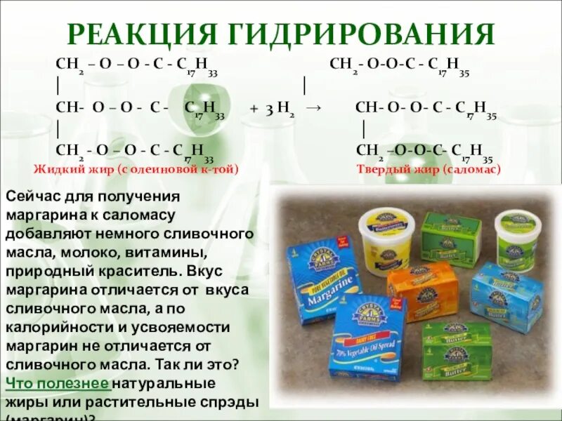 Гидролиз растительных масел. Получение твердых жиров. Реакция получения жиров. Получение маргарина. Для получения маргарина растительные масла подвергают.