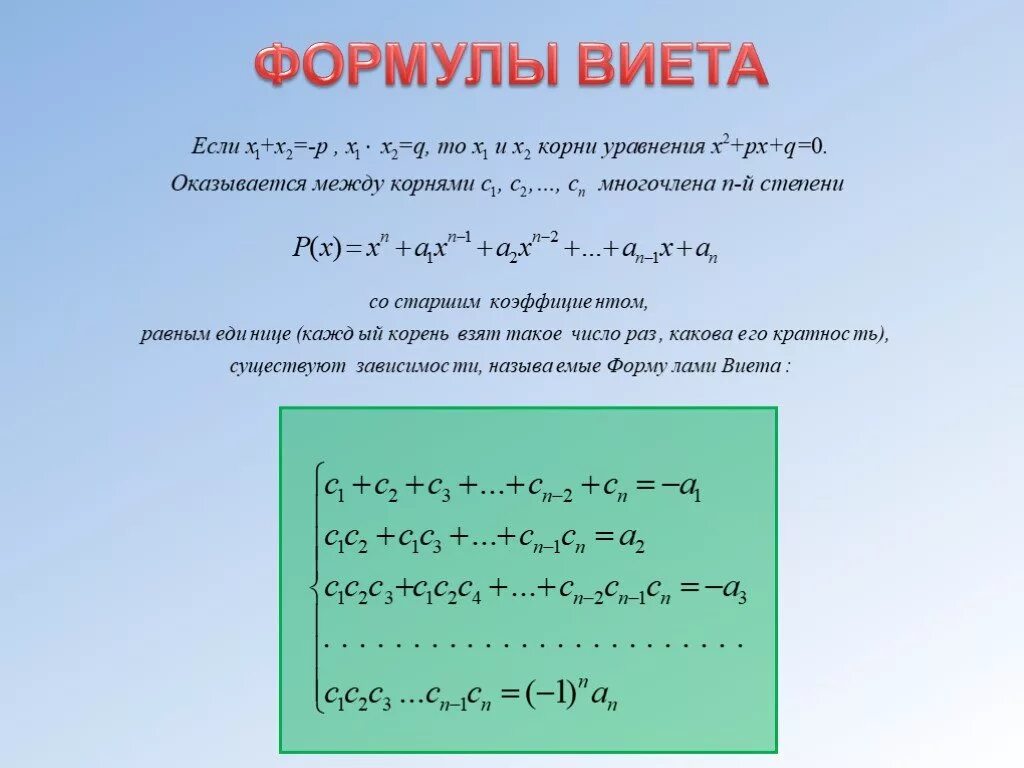 Комплексные корни многочлена. Формулы Виета для многочленов. Формула Виета для квадратного уравнения. Формулы Виета для многочленов n степени. Формулы Виета для уравнений 3 степени.