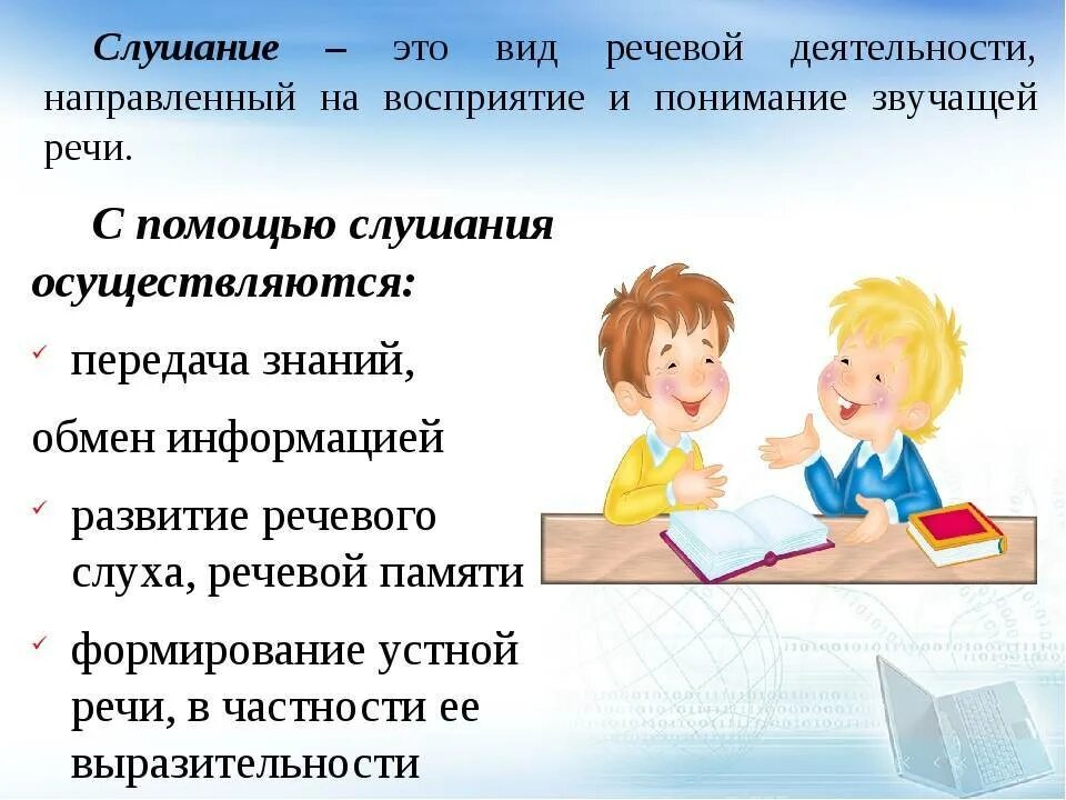 Слушание как вид речевой деятельности. Способы речевой деятельности. Говорение слушание письмо чтение.