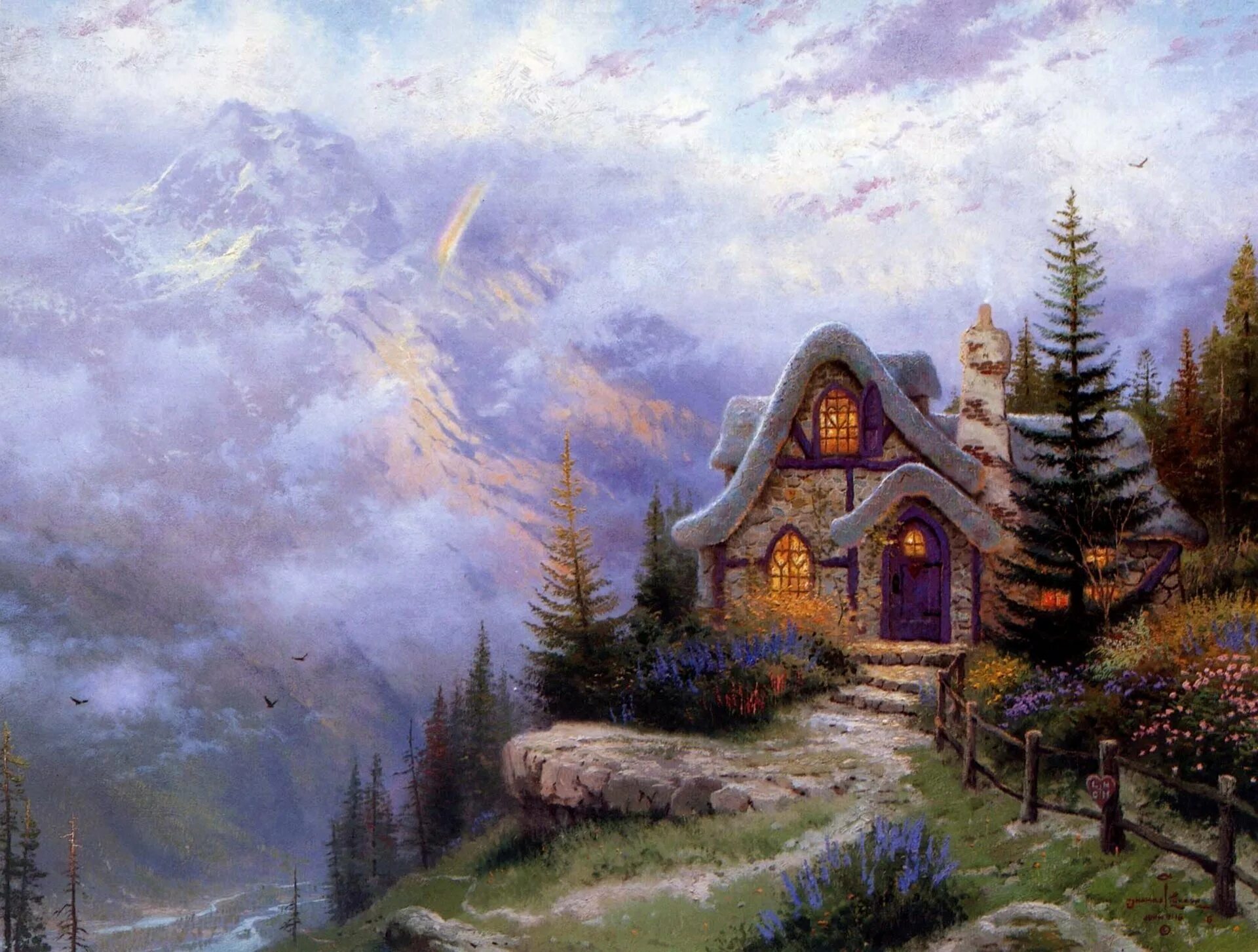 Обои картины. Томас Кинкаде художник горы. Домик сказочный Томас Кинкаде. Томас Кинкейд домик в лесу. Томас Кинкейд картины.