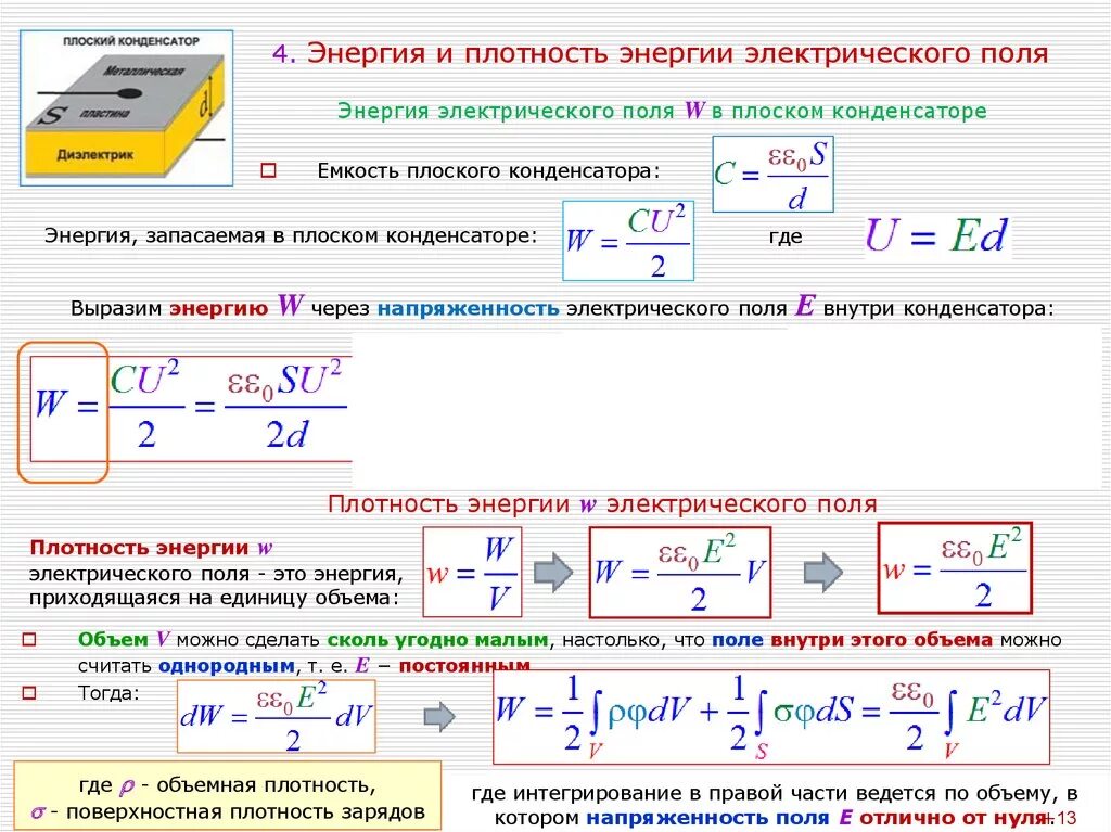 Объемная плотность энергии электрического поля вывод формулы. Формула расчета объемной плотности энергии электрического поля. Энергия поля плотность энергии электрического поля. Объемная плотность энергии электрического поля конденсатора. Напряженность конденсатора с диэлектриком