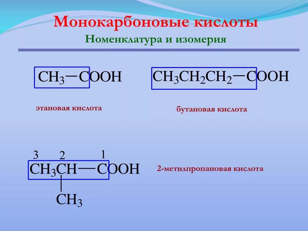 2 Метилпропановая кислота изомерия. Монокарбоновые кислоты номенклатура изомерия. Метилпропеная кислота. Бутановая кислота. Бутановая кислота какая кислота