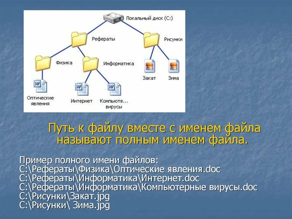 Изменились имена файлов. Полное имя файла операционной системы Windows. Имя файла в файловой системе Windows …. Пример имени файла в операционной системе Windows. Назовите полный путь файла.