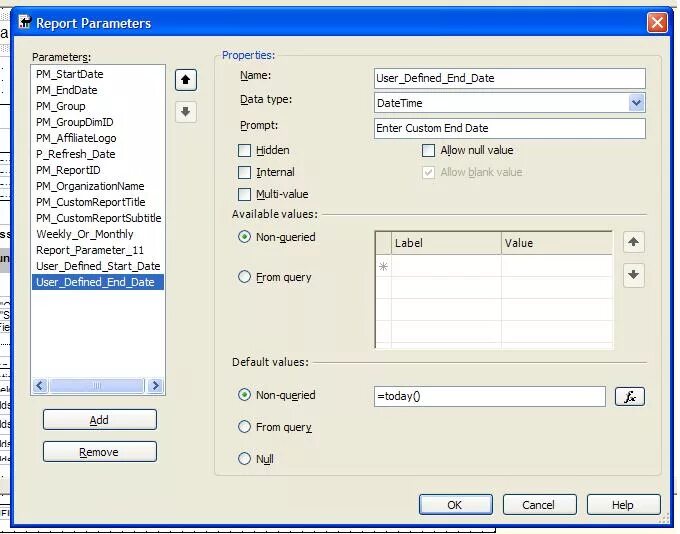 Allow nulls. Query parameters. Query Multi value parameter. Datetime default SQL.