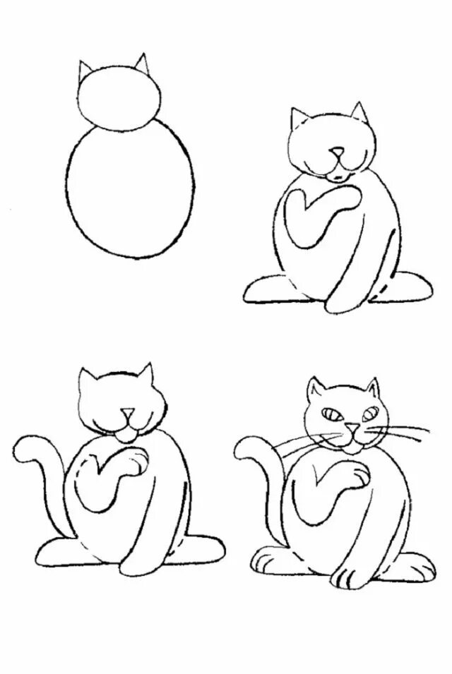 Рисовать поэтапно котиков. Этапы рисования кошки. Этапы рисования кошки для дошкольников. Схема рисования кошки карандашом. Рисунок кота карандашом для детей.