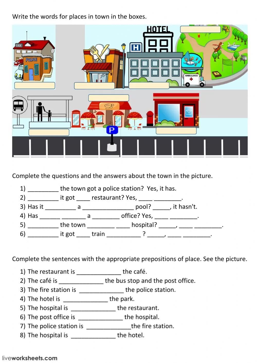 Английский упражнения places in Town Worksheet. Задания по английскому на тему город. Задание на тему places in Town. In Town задания.