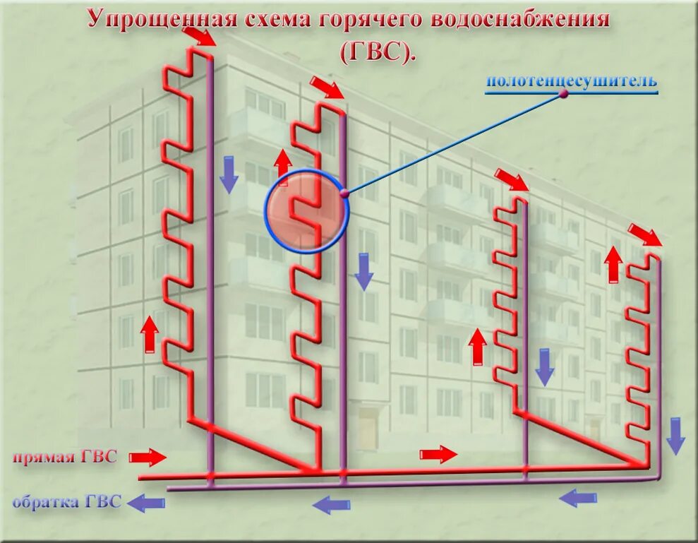 Двухтрубная система ГВС С циркуляцией горячей воды. Циркуляционный трубопровод ГВС схема. Циркуляционная схема горячего водоснабжения. Система водоснабжения МКД схема.