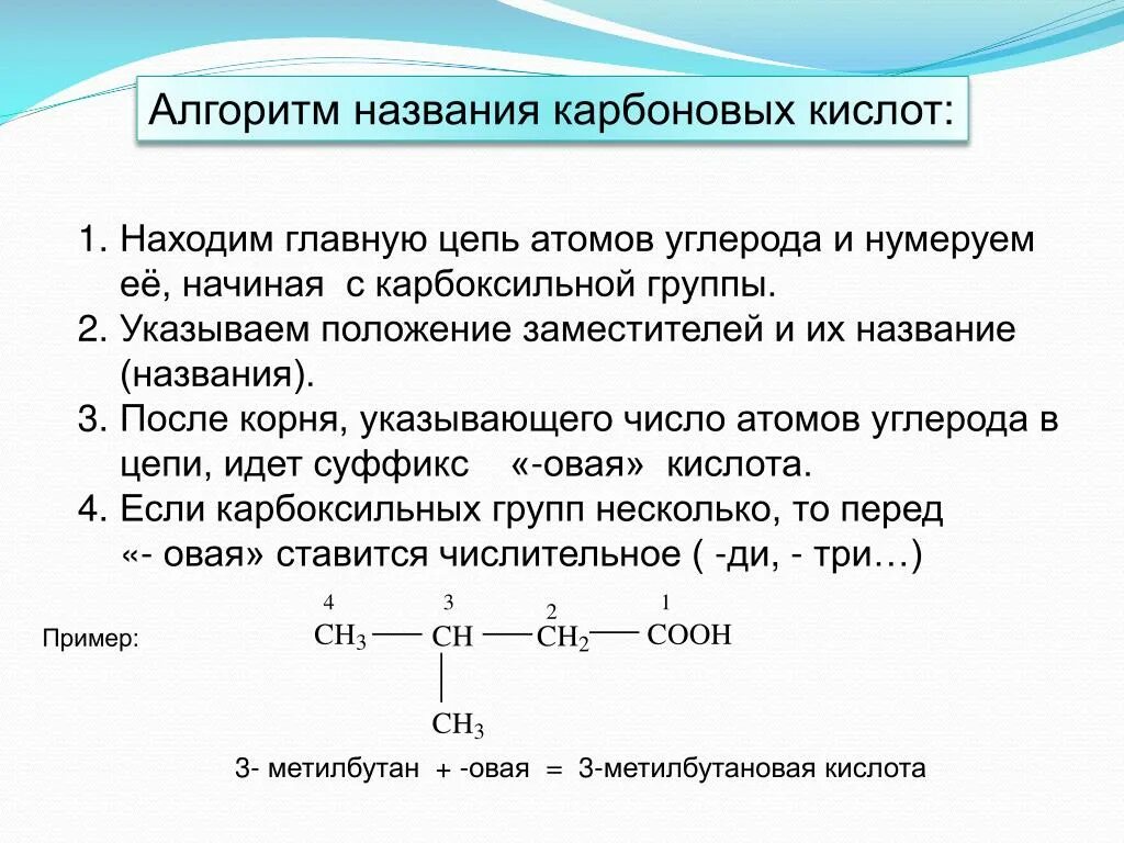 Дать названия указанным кислотам. Алгоритм составления названий карбоновых кислот. Название цепочек карбоновых кислот. Как давать названия карбоновым кислотам. Монокарбоновые кислоты названия.