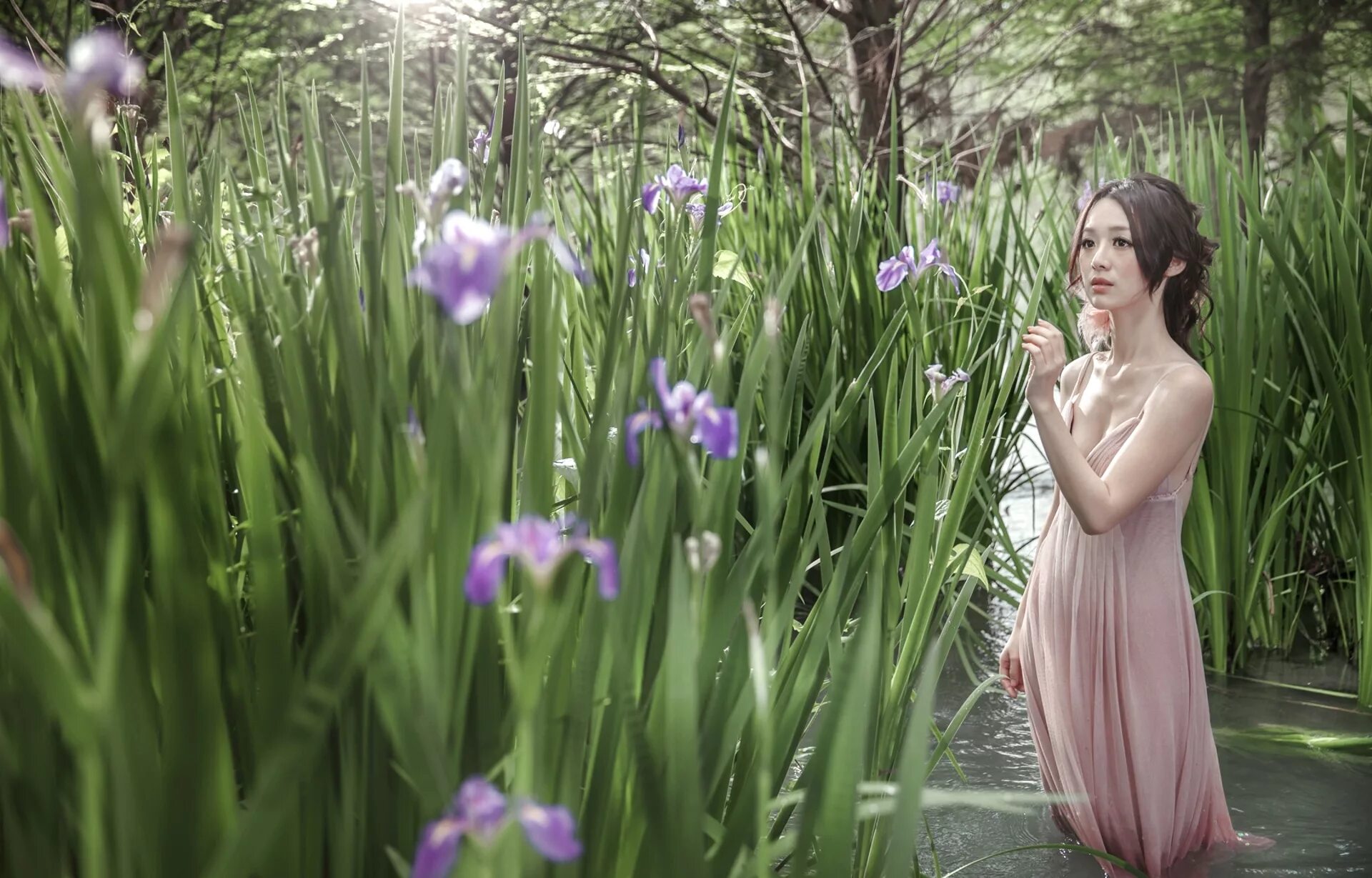 сказочные цветы. девушка с ирисами. водянова гламур. девушка с весенними цветами. девушка с ирисами живопись.