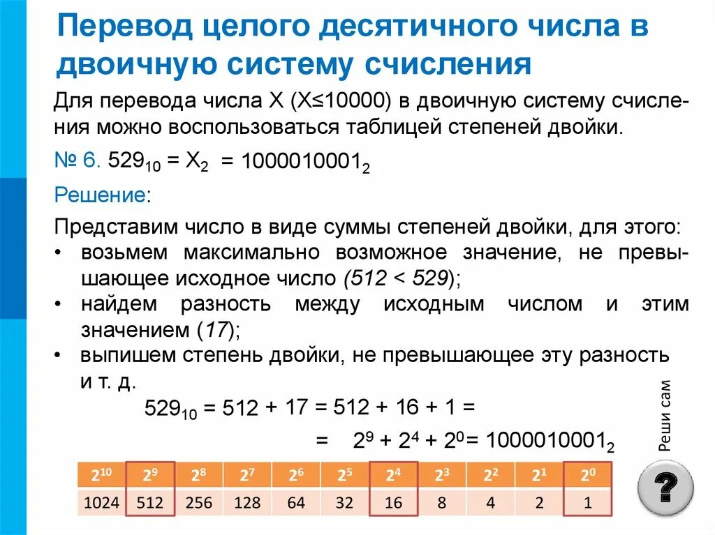 Перевести число из двоичной системы в десятичную. Целые десятичные числа. Как переводить целые десятичные числа в двоичную систему. Как перевести в двоичную степень.