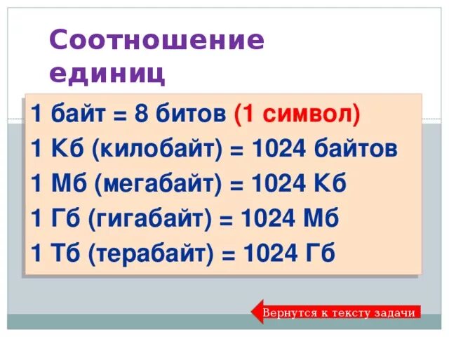 1 Бит 1 байт 1 КБ 1 МБ 1 ГБ 1 ТБ. 1 Байт= 1 КБ= 1мб= 1гб. 1 Байт = 8 битов 1 КБ (килобайт) = 1 МБ (мегабайт) = 1 ГБ (гигабайт) =. Таблица соотношения битов байтов килобайтов мегабайтов.