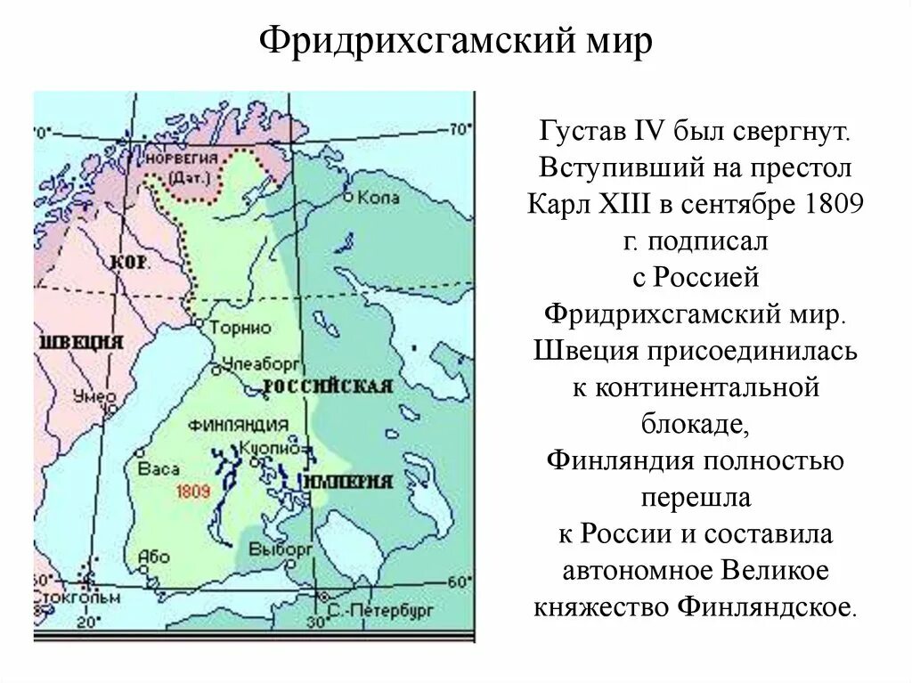 Финляндия присоединилась. Фридрихсгамский Мирный договор 1809 г. Фридрихсгамский мир (присоединение Финляндии к России). Мирный договор со Швецией 1809.