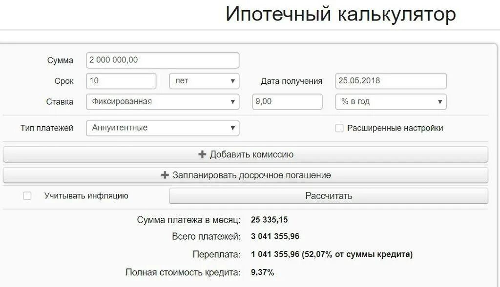 Кредитный калькулятор ипотеки с досрочным