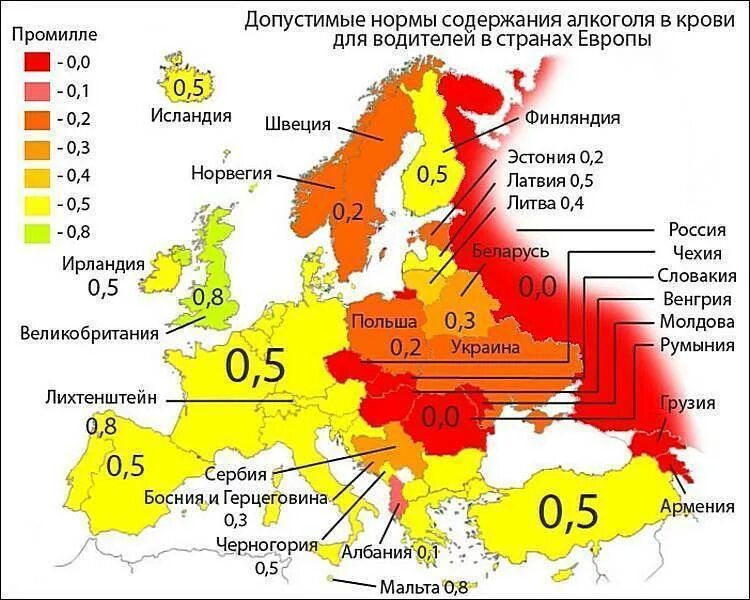 Сколько промилле допускается. Разрешенные промилле в европе.