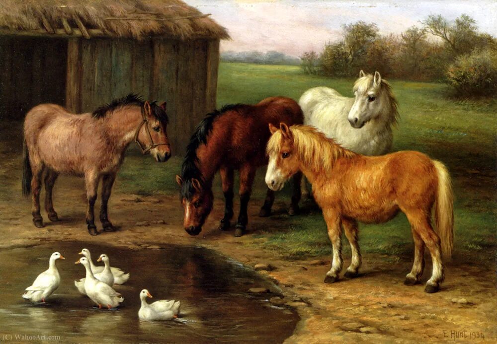 Hunt pony. Художник анималист Англия ферма. Картины с лошадьми известных художников.