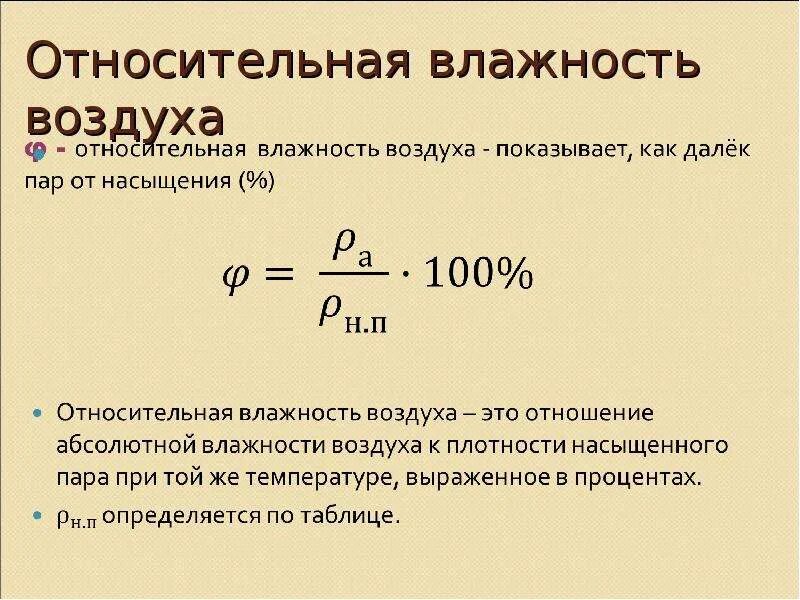 Формула вычисления относительной влажности воздуха в физике. Формула относительной влажности воздуха 10 класс. Относительная влажность пара формула. Формула определения влажности воздуха физика 8 класс.