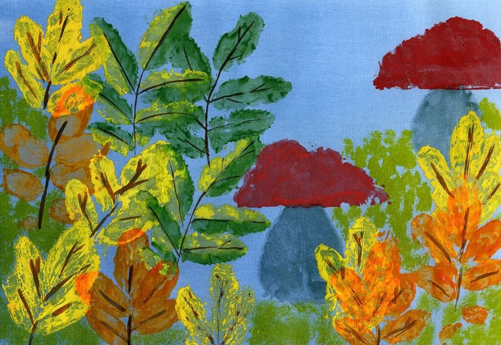 Осень подготовительной группы. Отпечатки листьев. Печать листьями нетрадиционное рисование. Пейзаж отпечатками листьев. Рисование печать листьями.