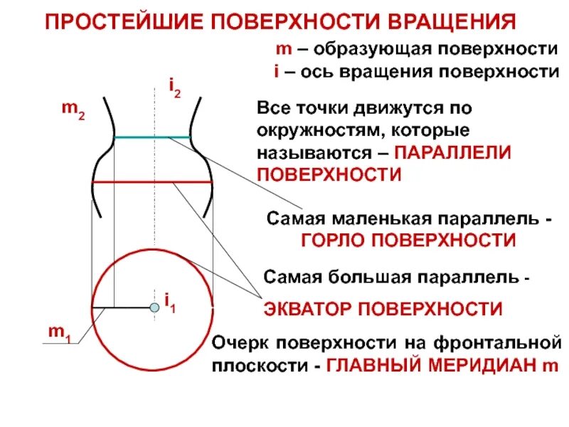 Наименьшим элементом поверхности. Очерк поверхности вращения. Образующая поверхности вращения. Параллель поверхности вращения это. Линия на поверхности вращения.