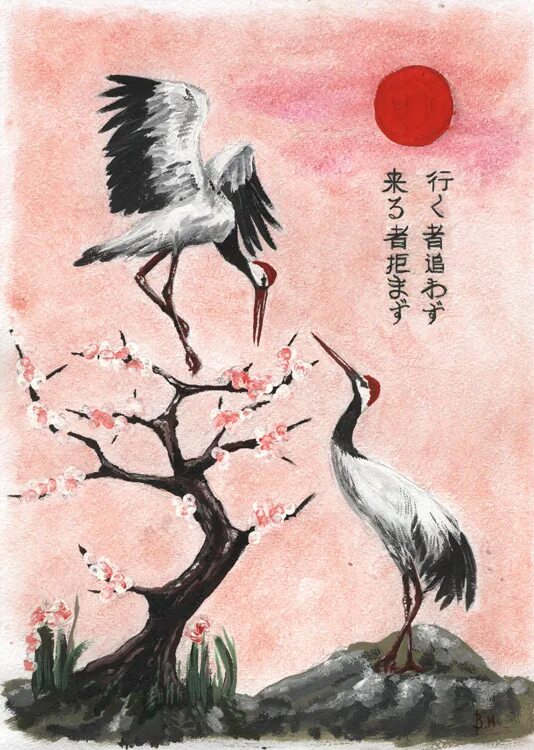 Журавл живопись Япония. Символика журавля в Японии. Птицы в японском стиле. Японская живопись Сакура Журавли.